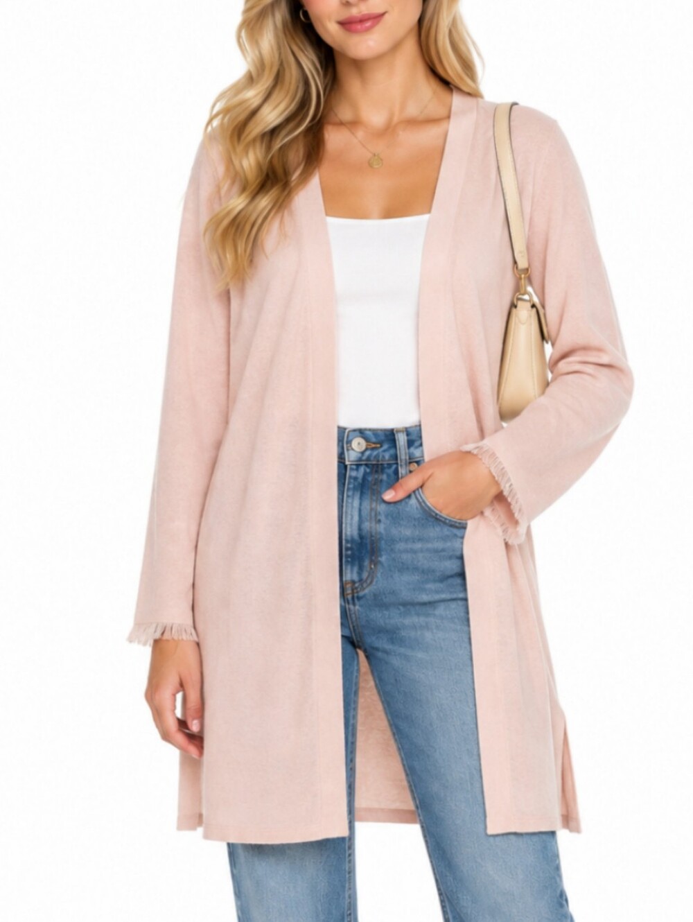J. Jill Pink Linen Blend Duster Cardigan L Fringe Cuff Open Front Coastal Chic